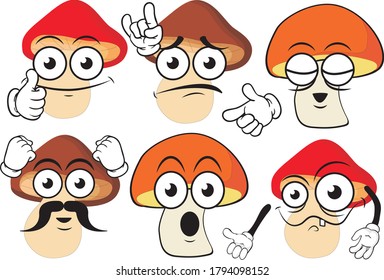 Vector set of cartoon character with many expressions. Mashrooms.
