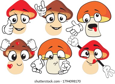 Vector set of cartoon character with many expressions. Mashrooms.