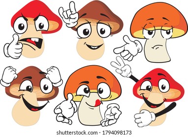 Vector set of cartoon character with many expressions. Mashrooms.