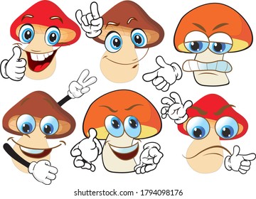 Vector set of cartoon character with many expressions. Mashrooms.