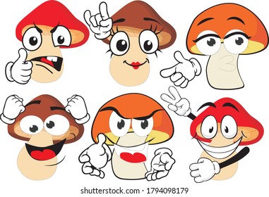 Vector set of cartoon character with many expressions. Mashrooms.