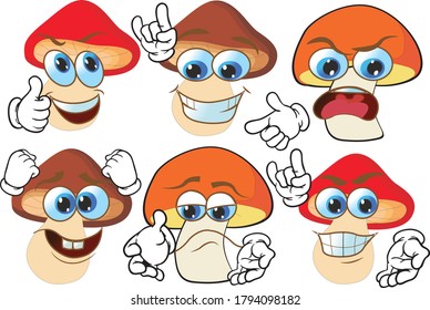 Vector set of cartoon character with many expressions. Mashrooms.