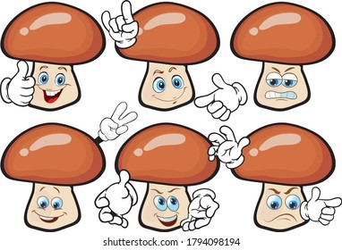 Vector set of cartoon character with many expressions. Mashrooms.