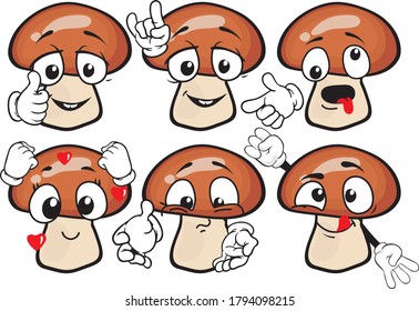 Vector set of cartoon character with many expressions. Mashrooms.