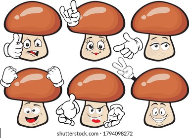 Vector set of cartoon character with many expressions. Mashrooms.
