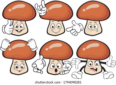 Vector set of cartoon character with many expressions. Mashrooms.