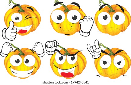 Vector set of cartoon character with many expressions. Pumpkin