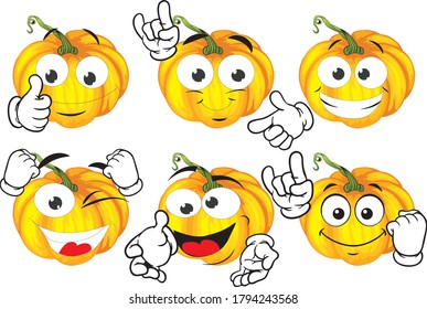 Vector set of cartoon character with many expressions. Pumpkin
