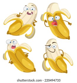 Vector set of cartoon character with many expressions of banana