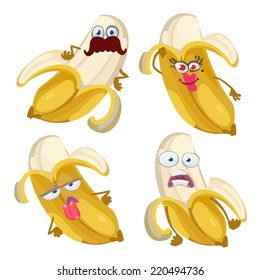 Vector set of cartoon character with many expressions of banana