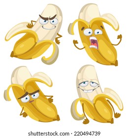 Vector set of cartoon character with many expressions of banana