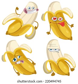 Vector set of cartoon character with many expressions of banana