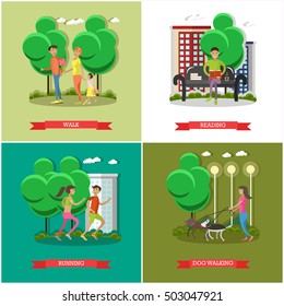 Vector set of cartoon character posters. People in park design elements and icons in flat style. Running, walking with family, walking out dogs, reading books, sitting on a bench.