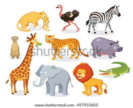 Vector set of cartoon character of savannah animals, illustration for a children book. Long-necked mammals hoofed animals.