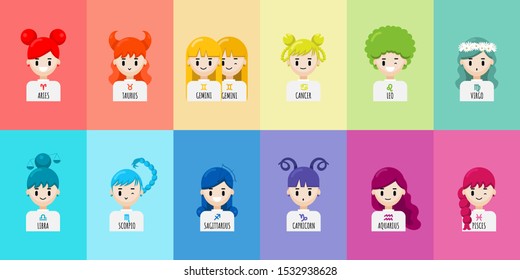 Vector set of cartoon character zodiac girls. Zodiac signs collection, Aries, Taurus, Gemini, Cancer, Leo, Virgo, Libra, Scorpio, Sagittarius, Capricorn, Aquarius, Pisces. Horoscope illustration