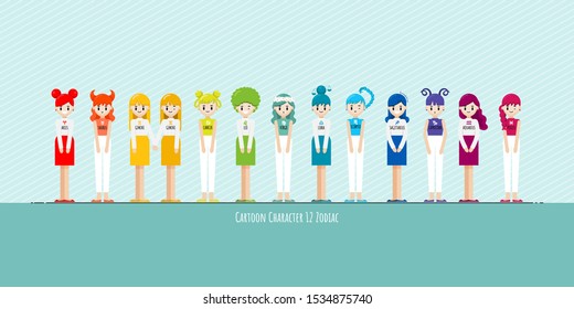 Vector set of cartoon character zodiac girls. Zodiac signs collection, Aries, Taurus, Gemini, Cancer, Leo, Virgo, Libra, Scorpio, Sagittarius, Capricorn, Aquarius, Pisces. Horoscope illustration