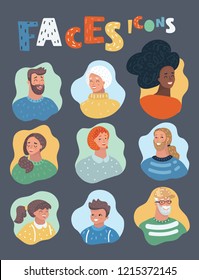 Vector set of cartoon characters. Cool avatars icons. Positive male and female people different ages and nationalities. Isolated on dark.