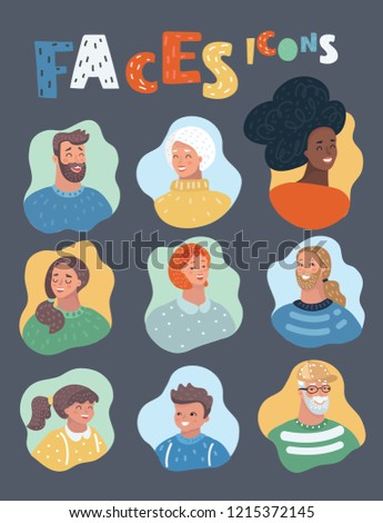 Vector set of cartoon characters. Cool avatars icons. Positive male and female people different ages and nationalities. Isolated on dark.