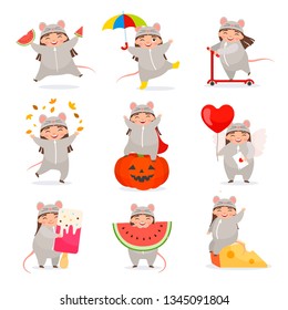 Vector set of cartoon characters. Cute girl in a mouse costume.

