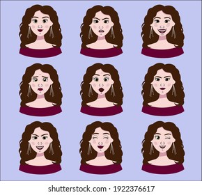 Vector Set Of Cartoon Characters With Different Emotions. Young Woman.