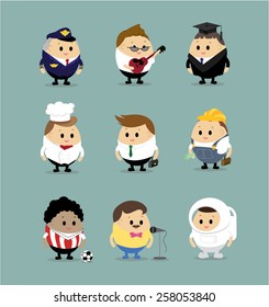 Vector set of Cartoon characters with different professions(Police officer, guitarist, bachelor, chef, businessman, worker, engineer, scientist, builder, astronaut,singer,Football player  )