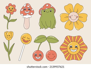 Vector set of cartoon characters with face expressions. Retro groovy graphic flowers, mushroom, frog, sun, lollipop. Vintage stickers. Cute colorful illustration