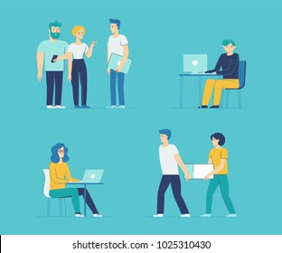 Vector set of cartoon characters in flat line style - men and women in different situations in office at work - design elements for infographics and banners - cooperation, teamwork and development 