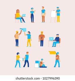 Vector set of cartoon characters in flat line style - men and women in different situations in office at work - design elements for infographics and banners - cooperation, teamwork and development 