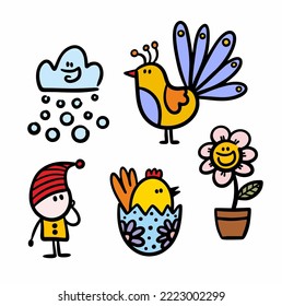 Vector set of cartoon characters hand drawn in cute childish style. Vector illustration of people and animals.