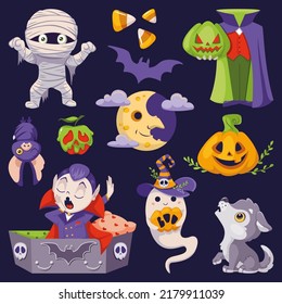 Vector set of cartoon characters and icons for Happy Halloween on dark background