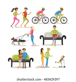 Vector set of cartoon characters isolated on white background. People in park design elements and icons in flat style. Jogging, riding bicycle, walking with family, walking out dogs.