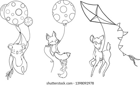 Vector set of cartoon characters: koala, foxes and a deer. Pictures for a coloring book.