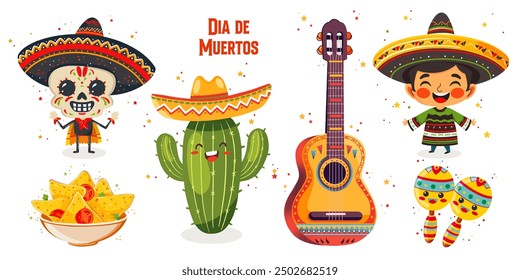 Vektorgrafik einer Zeichentrickfigur für einen mexikanischen Todestag. Dia de Muertos Parteielemente. Schädel mit Sombrero, Nachos, süßer Kaktus, Mann mit Sombrero, Maracas und Gitarre. 