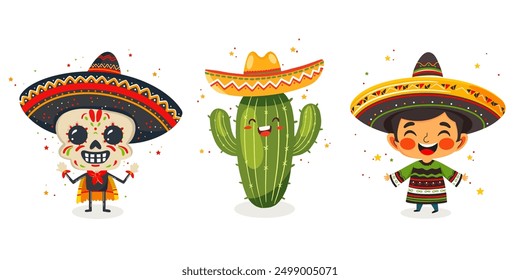 Vector set of cartoon characters for the Mexico's Day of the Dead. Felt style skull wearing sombrero, cute cactus in sombrero and a funny man in a national costume. 