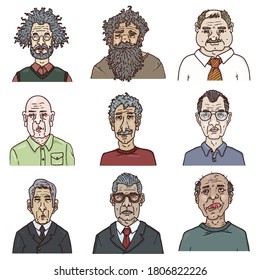 Vektorset der Cartoon-Figuren - alte Männer. Die ermüdeten Menschen sehen sich.