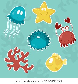 Vector set with cartoon characters of underwater animals jellyfish, crab, fish, starfish and corals