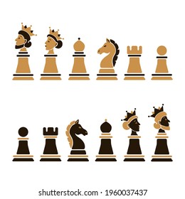 Vector set of cartoon chess pieces: king, queen, bishop, knight, rook, pawn isolated on white background.