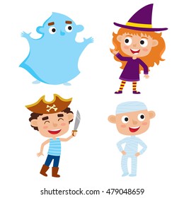 Vector set of cartoon children in colorful halloween costumes: witch, pirate, mummy, ghost. Cartoon character design of boys and girls isolated on white used for books, stickers, posters, web pages.