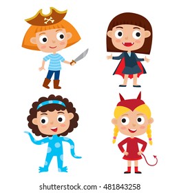 Vector set of cartoon children in colorful halloween costumes: pirate, devil, alien, vampire. Cartoon character design of girls isolated on white used for child books, stickers, posters, web pages.
