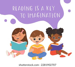 Vector set of cartoon children reading books. Multiracial kids in different poses with book and phrase Reading is always a good idea.