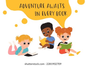 Vector set of cartoon children reading books. Multiracial kids in different poses with book and phrase Reading is always a good idea.