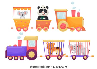 Vector set of cartoon children train with animals. Flat vivid puffer carrying circus animals on white isolated background