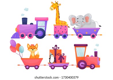 Vector set of cartoon children train with animals. Flat puffer is carrying animals on railway on white isolated background