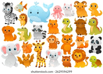 Vector set of cartoon children's illustrations of different animals. Cat, dog, elephant, bear, whale, snake, hedgehog, owl, crocodile, jellyfish, raccoon, fox, panda, monkey, yak, zebra. Concept of zo
