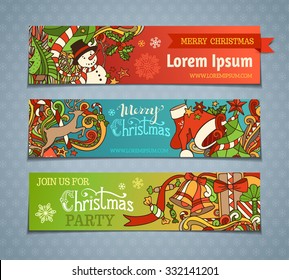 Vector set of cartoon Christmas banners. Colorful Christmas tree and baubles, Santa sock and hat, holly berries, gifts, candy canes, snowman, snowflakes, swirls, deer, sweets, bells and ribbons. 