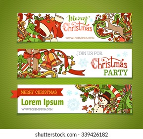 Vector set of cartoon Christmas banners. Christmas tree and baubles, Santa sock and hat, holly berries, gifts, candy canes, snowman, deer, sweets and ribbons, stars and hand-written text.