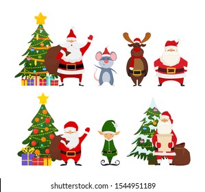 Vector set of cartoon Christmas characters. Santa Claus with Xmas trees and gifts, reindeer, elf, mouse. Illustration for postcard, banner, advertisement.