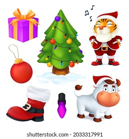 Vector set of cartoon Christmas characters and decoration elements: a tree, gift box, red boot, garland lamp, ball, Tiger in Santa's costume, white bull - a symbol of the year by Chinese calendar