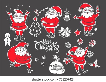 Conjunto de vectores de caricaturas y objetos navideños. Dibujo a mano de Santa Claus en diferentes acciones y otros símbolos de Año Nuevo. Pegatinas para vacaciones de invierno