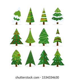 Vector set of cartoon Christmas trees, pines for invitation, greeting card, celebration, event, web. Traditional symbol of Christmas and New Year 2020 holidays with garlands, star. Icons collection.